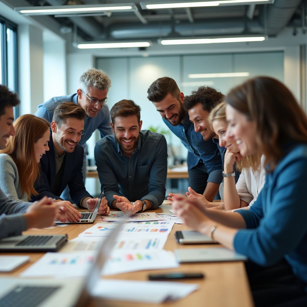 Equipo de consultores colaborando en una estrategia